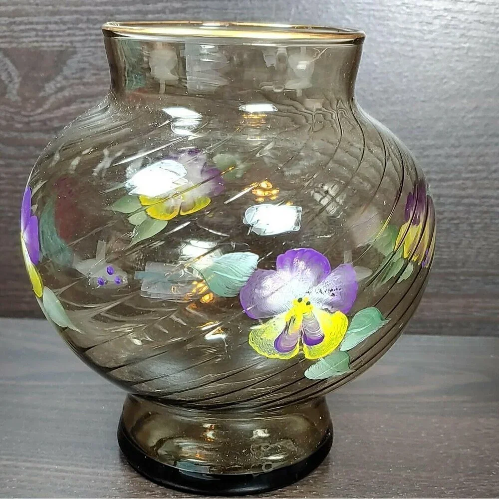 Hand Painted Floral Swirl Ribbed Gold Rim Brown Glass Vase Vintage Local Artist
